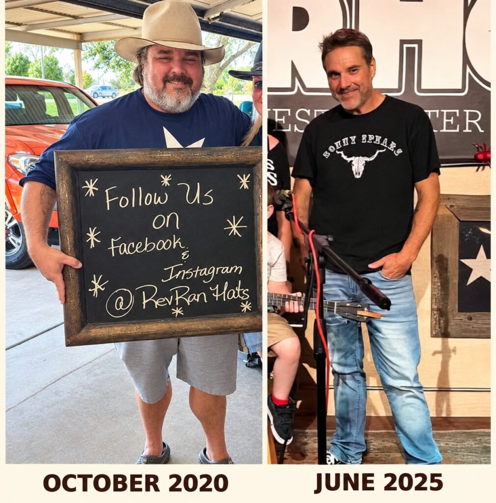Robby White before and after his health transformation, October 2020 and June 2025